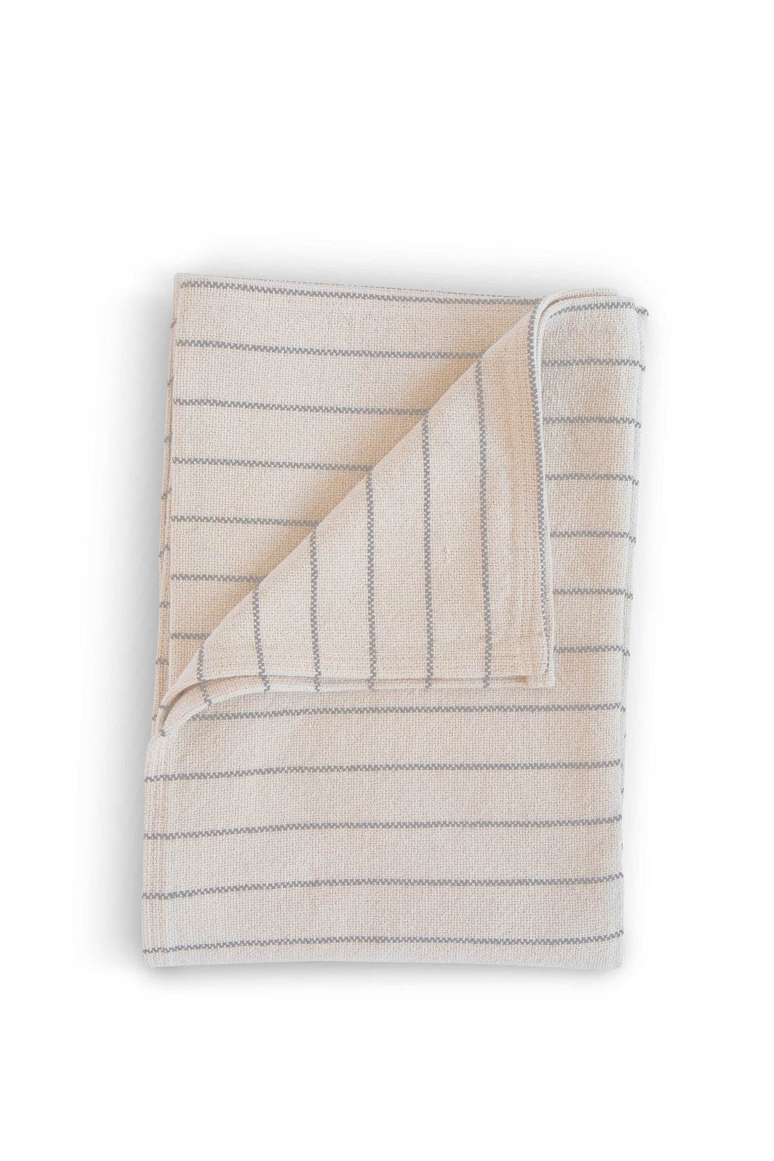 Folded 100% cotton pinstripe throw. Evangeline Linens best cotton blankets. Cream with classic grey color pinstripes.