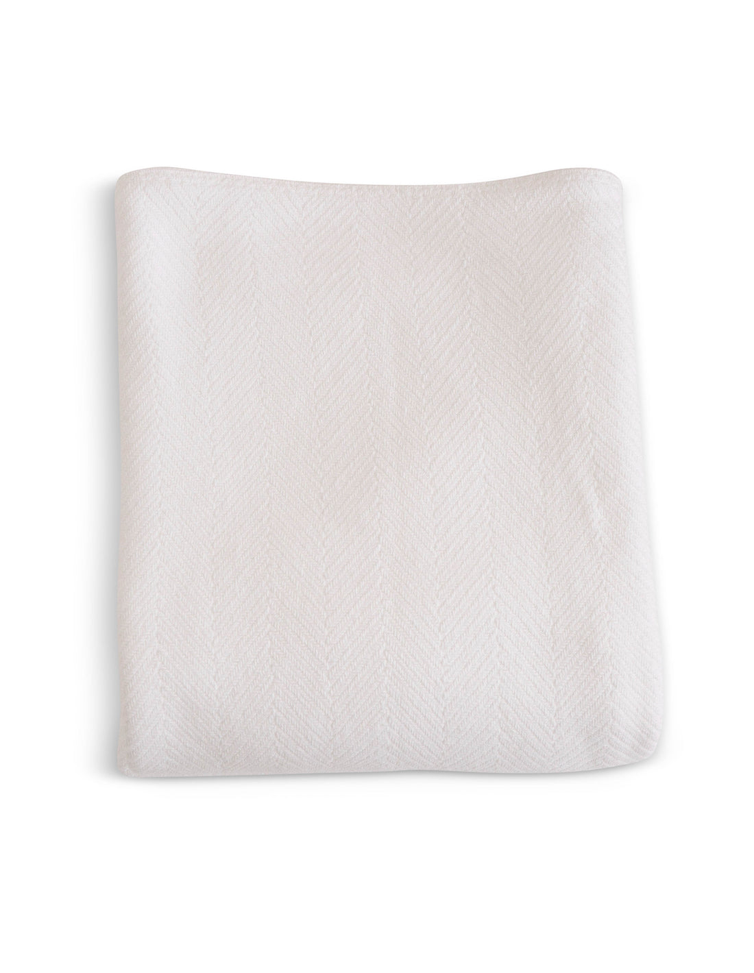 Evangeline Bright white 100% cotton herringbone woven blanket, folded. Sizes twin, full/queen, and king. The breathable quality of cotton with the weight and warmth of a wool blanket.