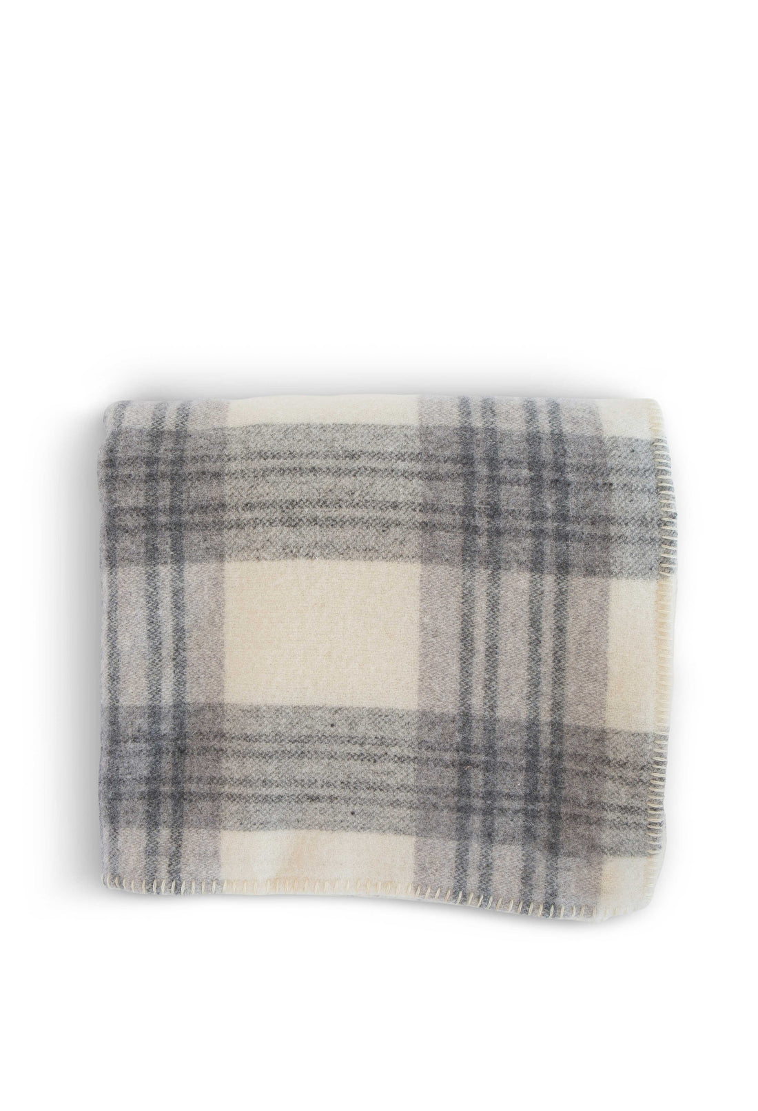 Luxurious Evangeline Linens plaid blanket in white and gray merino wool on a pristine white background.