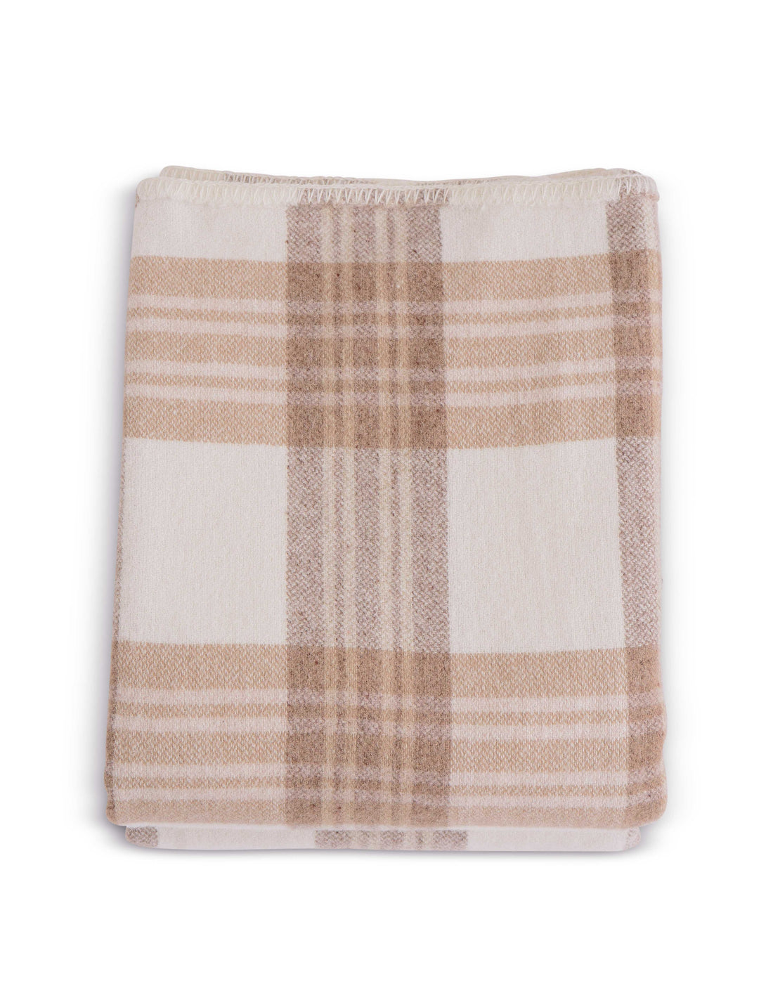 Elegant beige and tan plaid blanket by Evangeline Linens in merino wool on white backdrop.