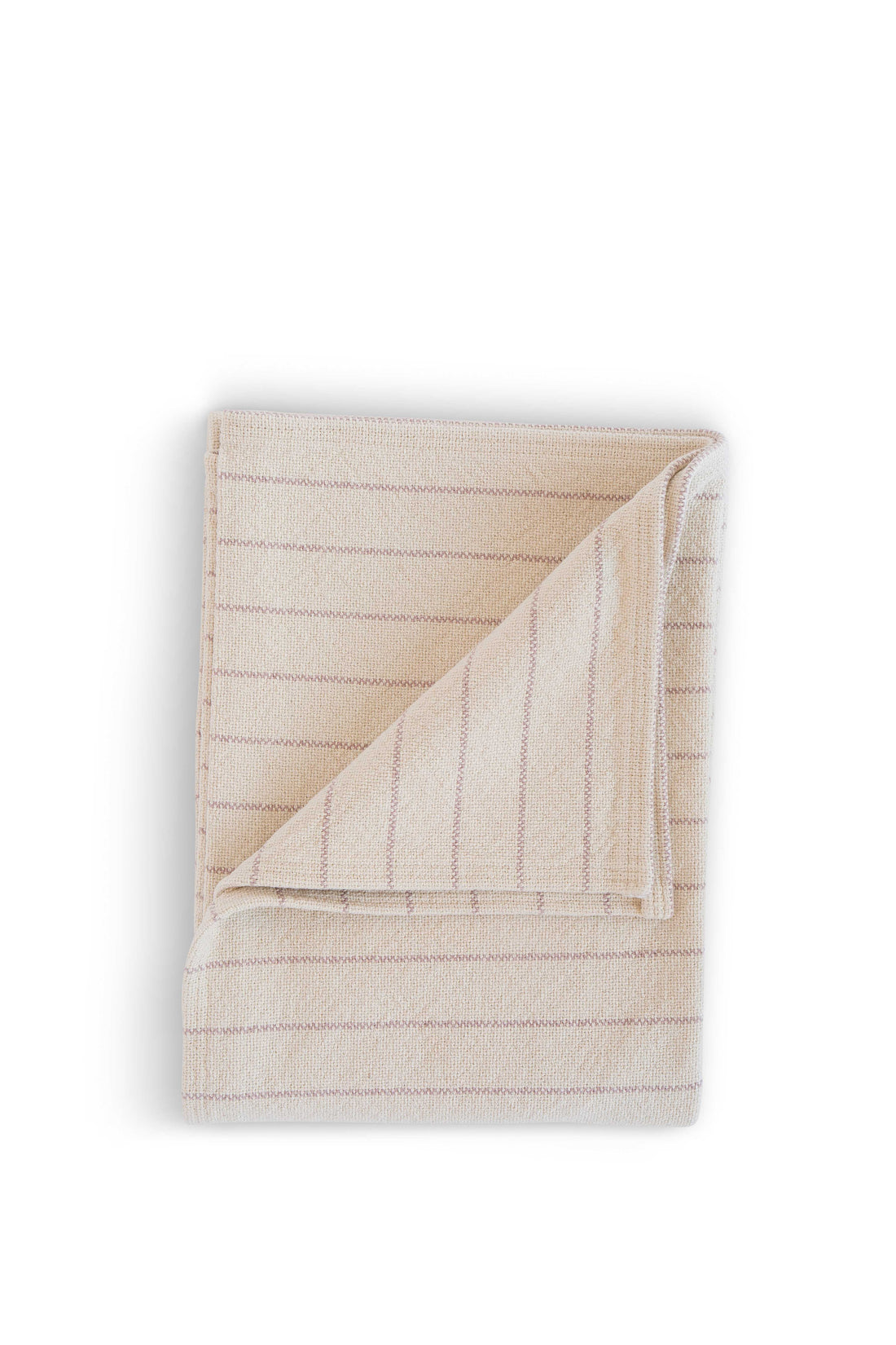Folded 100% cotton pinstripe throw. Evangeline Linens Portland Maine cotton cream with blush pinstripes.