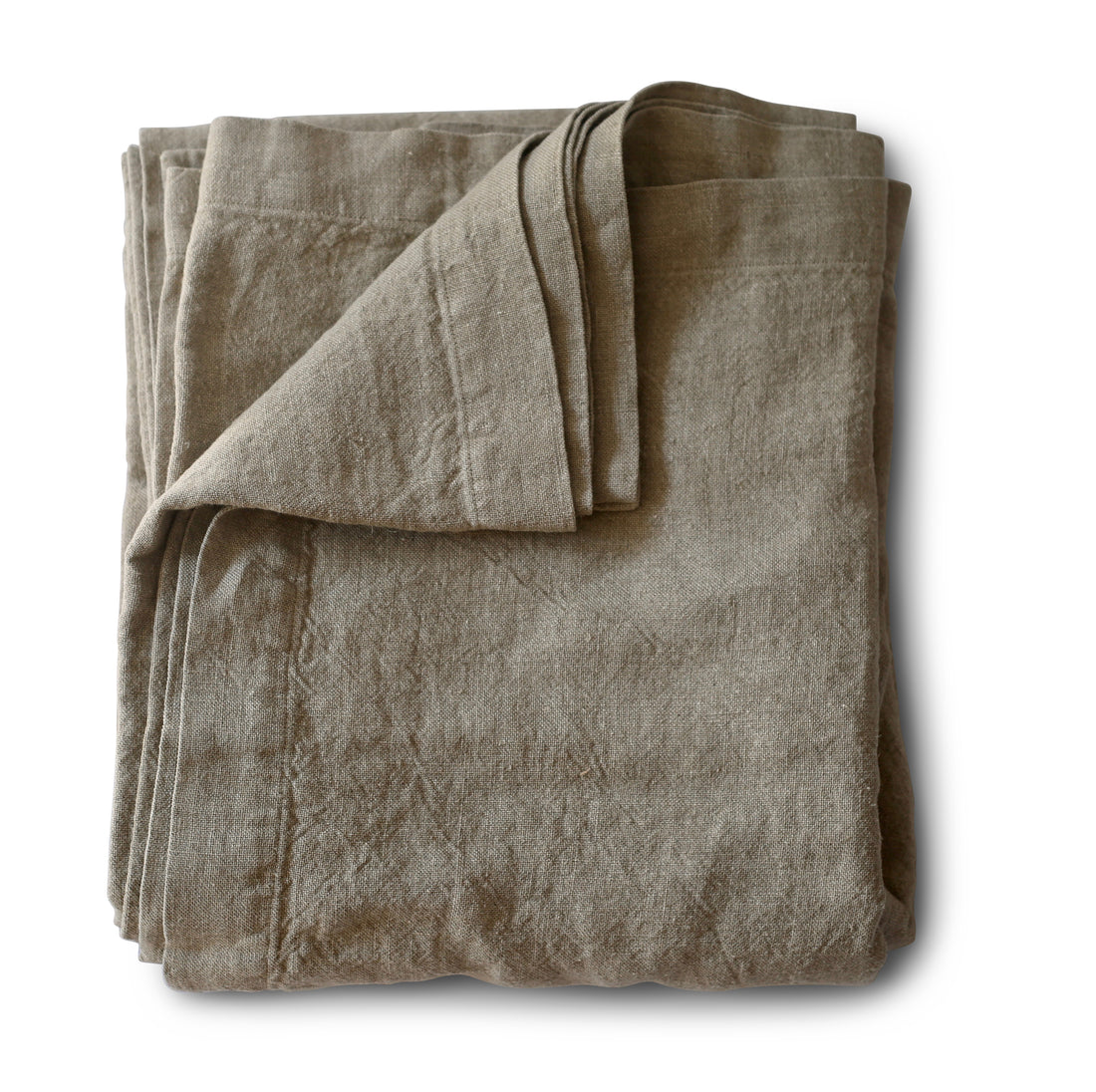 Evangeline linen, natural color, folded against a white background. 100% linen A substantial weight. Two classic colorways available in Full/Queen and King sizes.