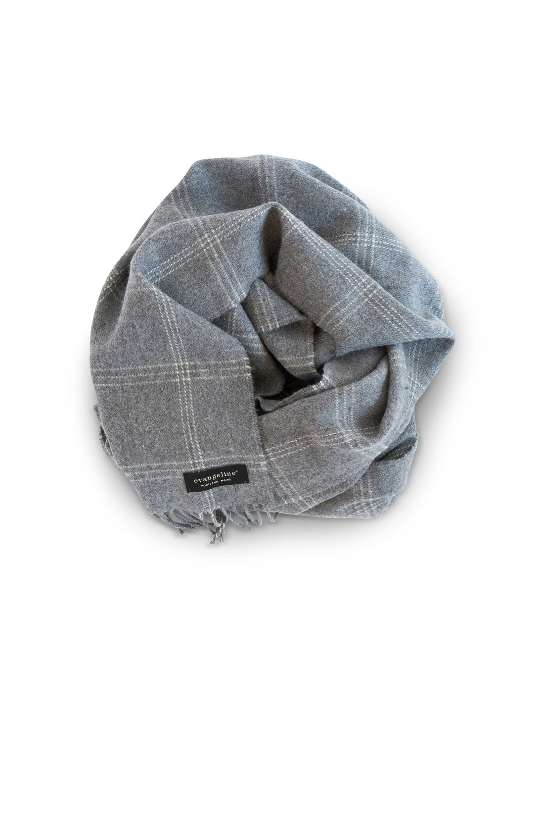 Evangeline Linens Merino Lambswool wearable wrap in grey / graphite windowpane pattern. Chic and cozy comfort on the go. 