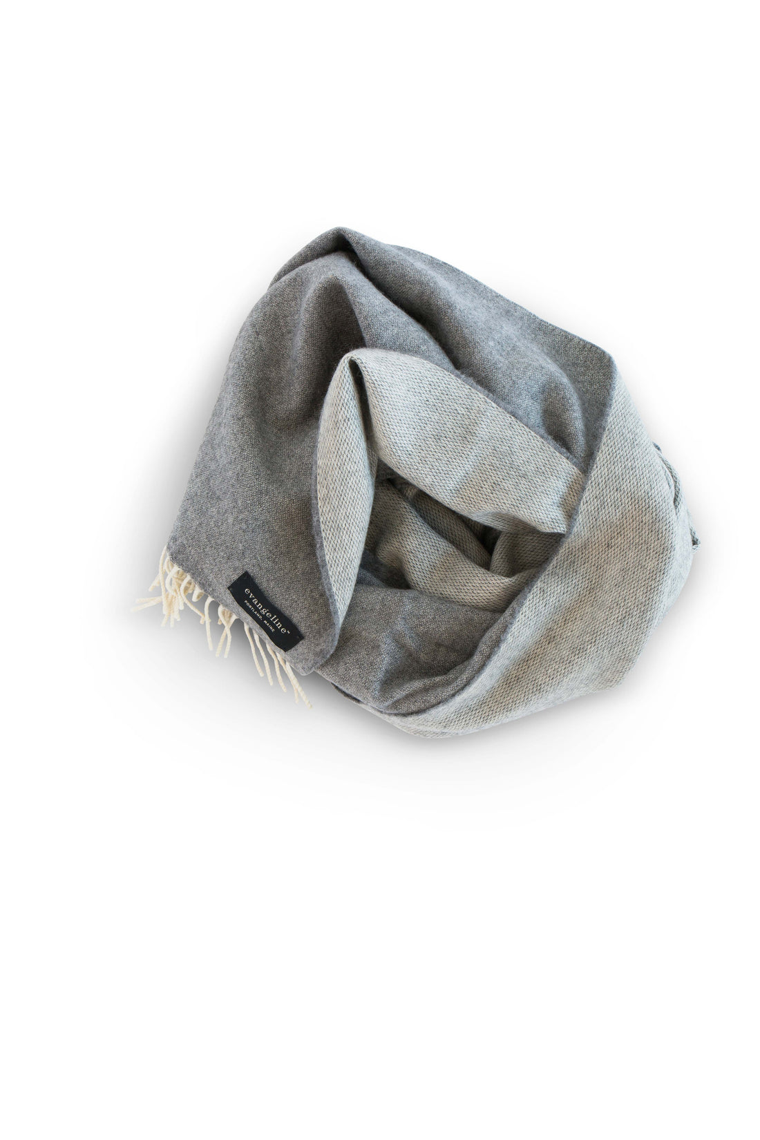 Merino Lambswool wearable wrap in graphite / grey and cream reversible. 
