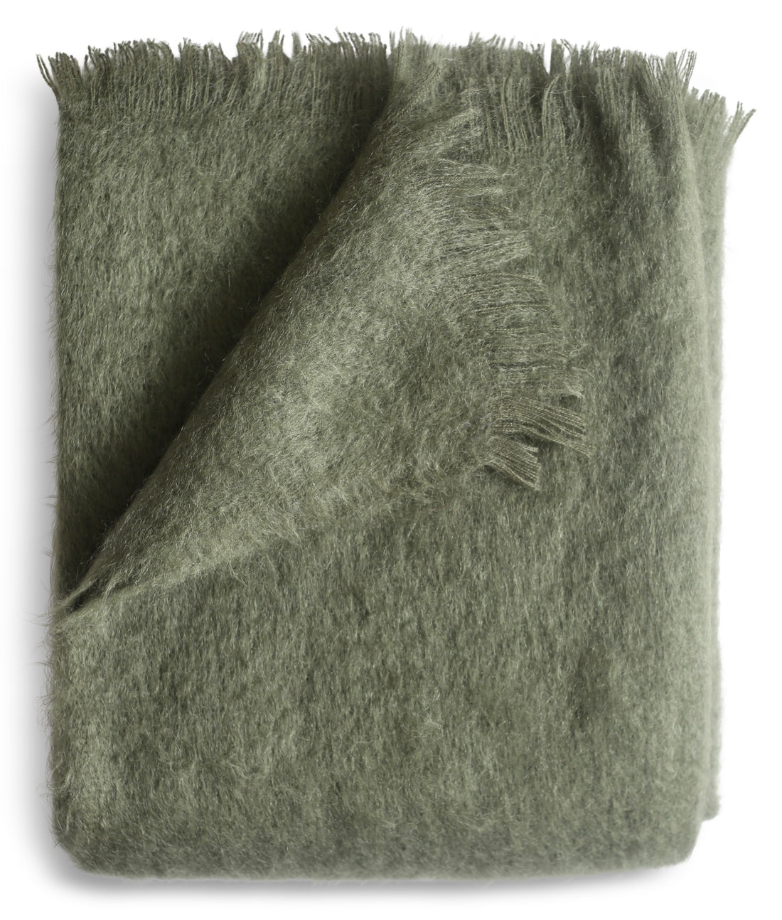 Folded moss green mohair throw blanket.
