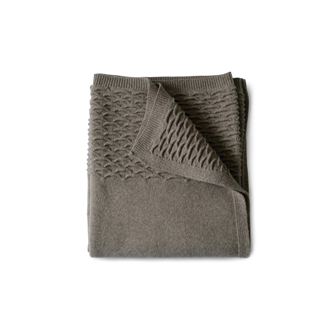 Evangeline Coffee knit throw with scalloped detail, folded against white background. Super soft 'hand' of lambswool. Unique scallop texture. Has the energy of a treasured knit sweater.